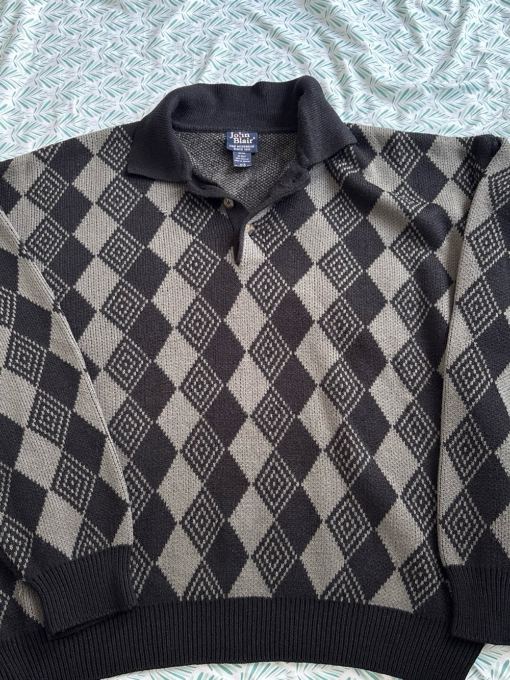 John Blair Black & Gray Argyle Zip-Front Polo Sweater - Men